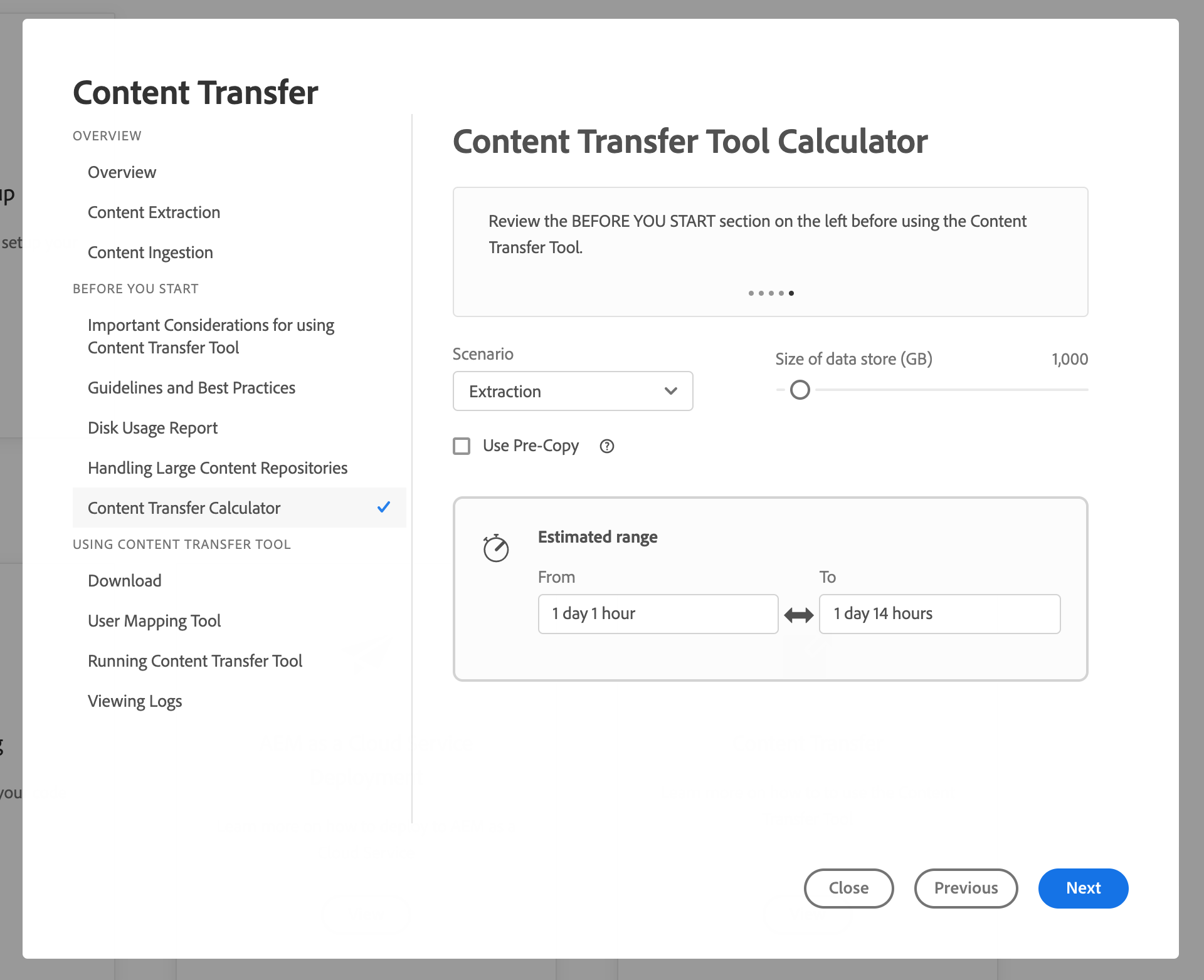 Screenshot of the Cloud Acceleration Manager's Content Transfer Tool Calculator