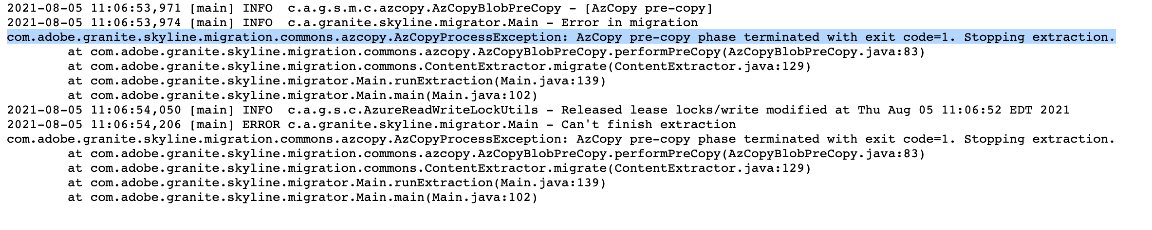 AzCopy config error stacktrace details