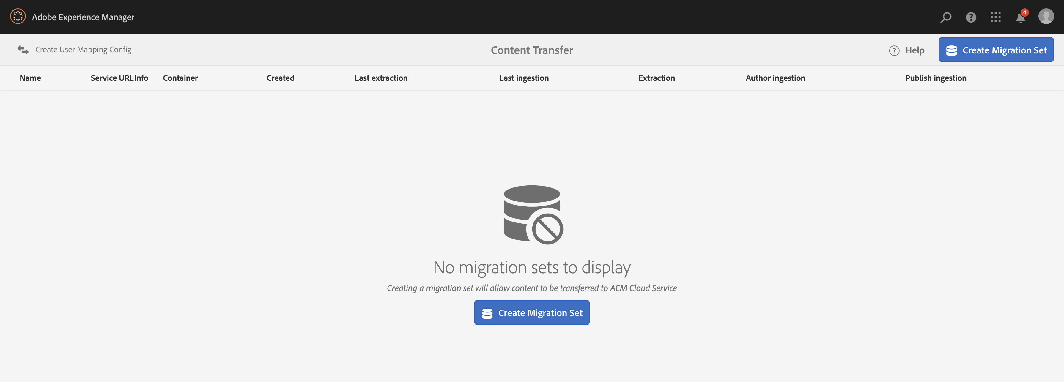 CTT tool UI, with no migration sets created yet