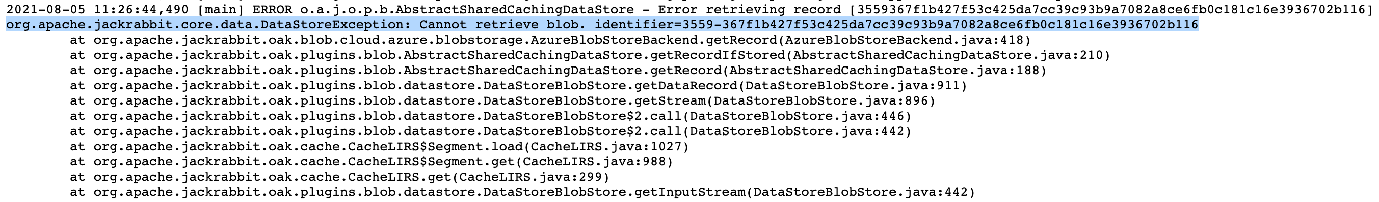 Stacktrace when the migration fails to find a blob in the data store