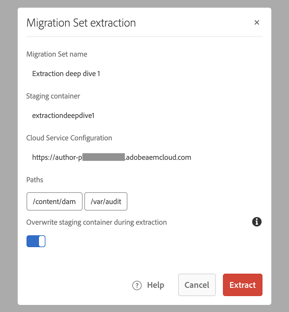 Extraction dialog displaying details about the extraction