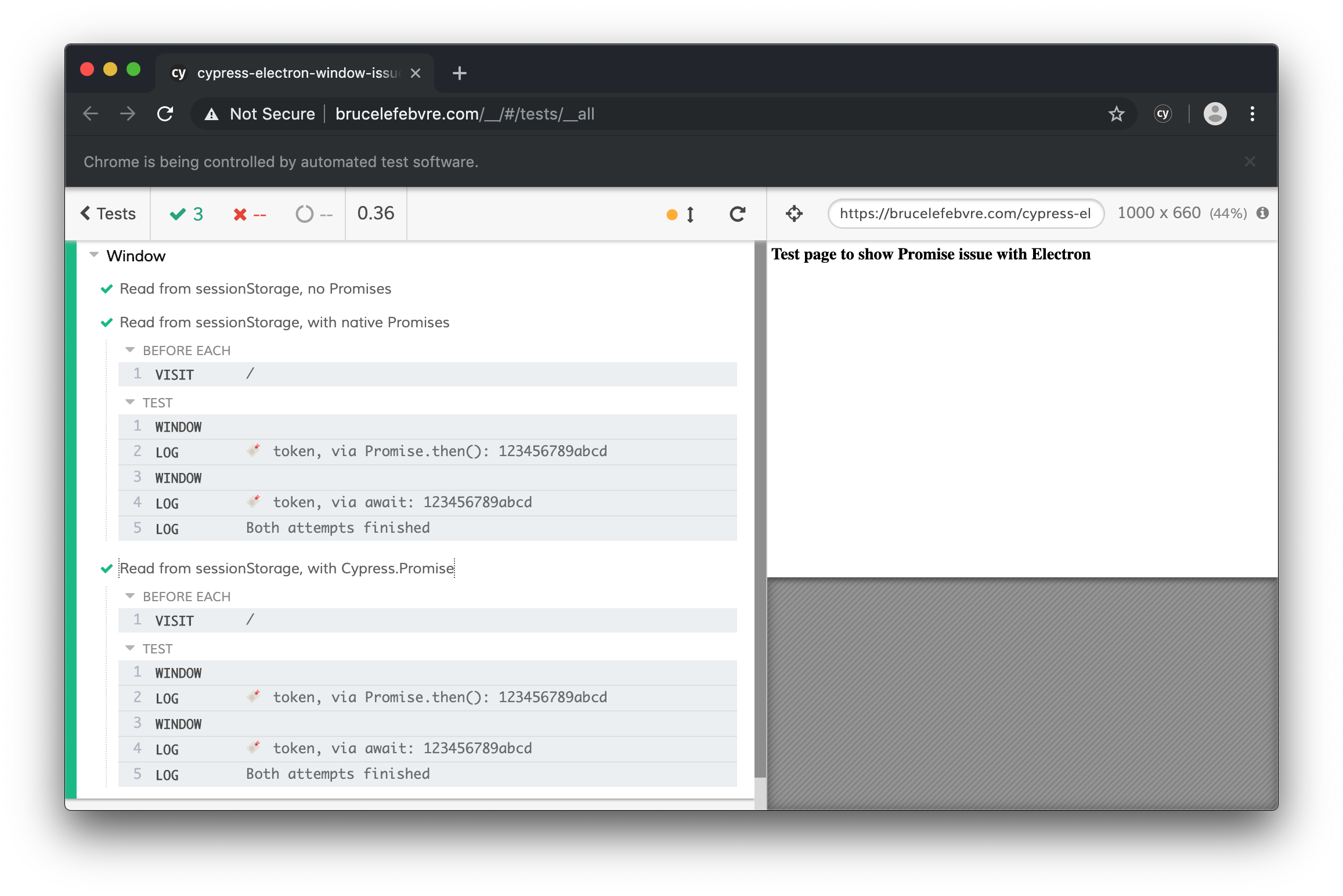 Chrome browser running a Cypress test suite where the tests pass and all the expected log output is present.