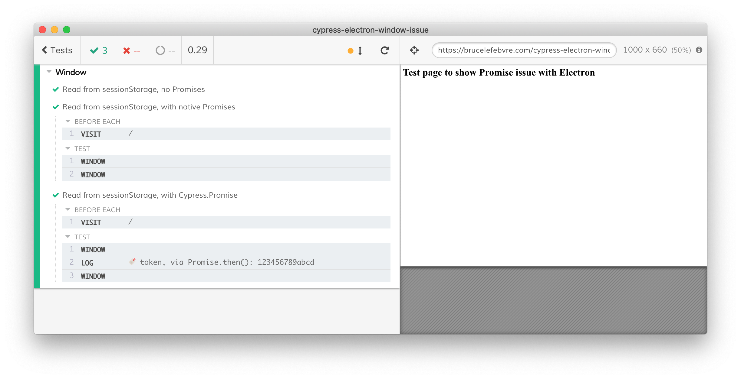 Cypress' Electron browser running a test suite where the tests pass BUT they don't execute completely.