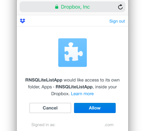 Authorize step on dropbox.com