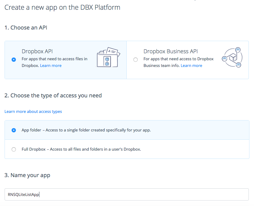 dropbox app console