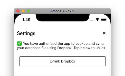 Demo app settings screen showing that the user has linked their Dropbox account