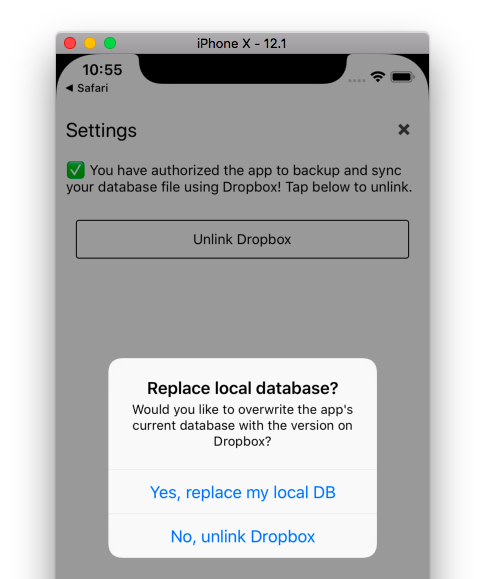 Prompt on-device to see if the user would like to replace their local DB with the Dropbox copy