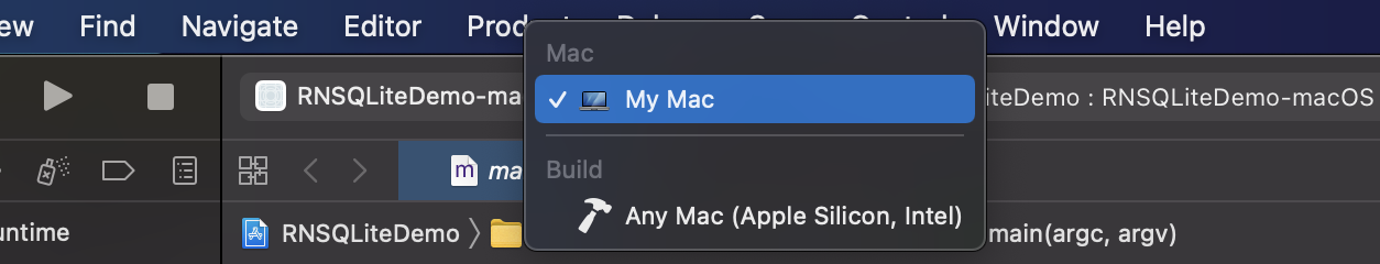 Selecting the macOS build target in Xcode