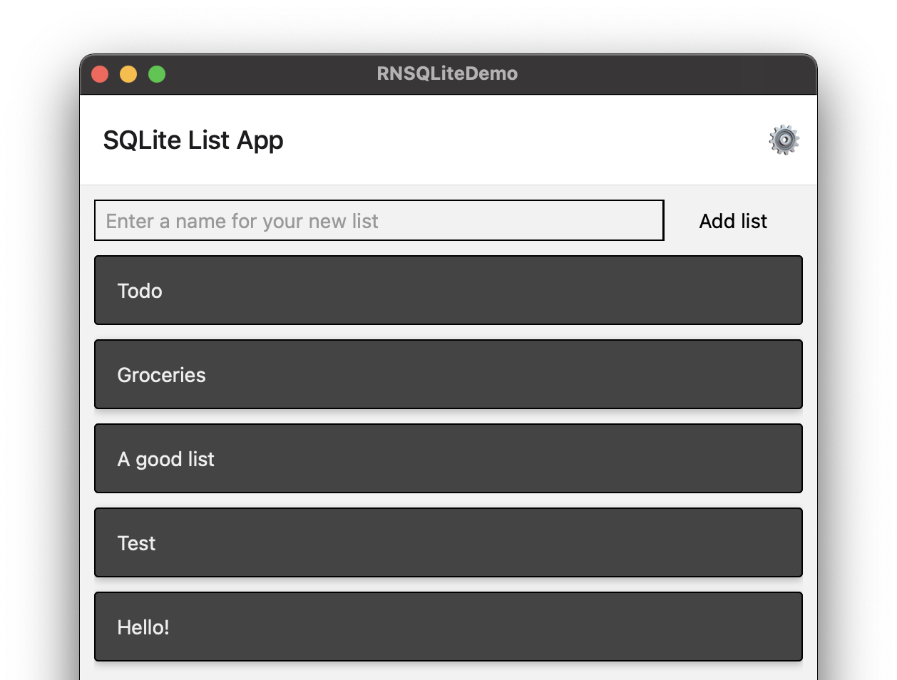 React Native SQLite demo app shown running on macOS