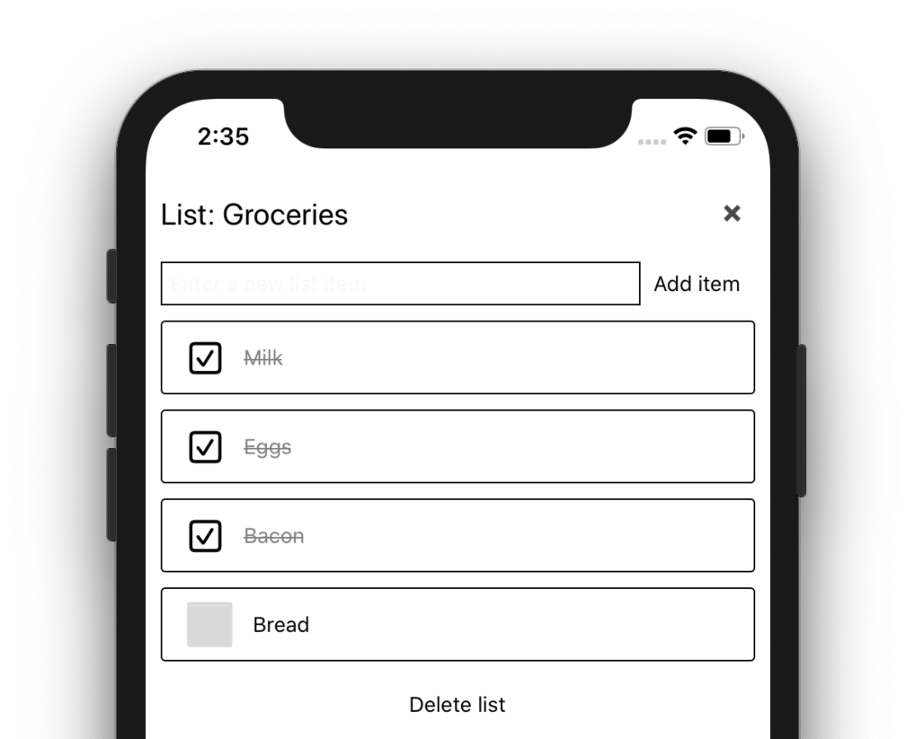 Demo List app running on an iPhone 11 sim