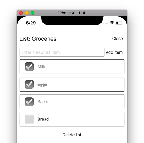 Demo List app running on an iPhone X sim