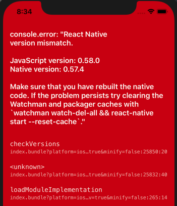 Red screen on iPhone simulator saying that the version of native code does not match the Javascript version