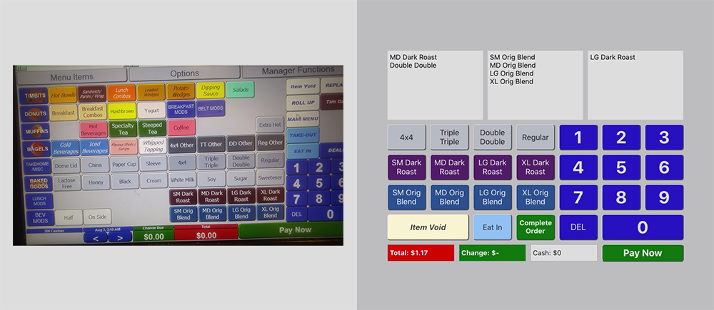 Side by side: screengrab from a video of a Tim's register in use, and my demo app replica to the right