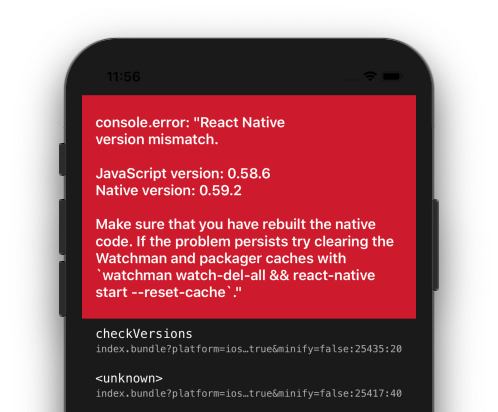 React Native app running on a simulator with the RedBox error showing 'React Native version mismatch'